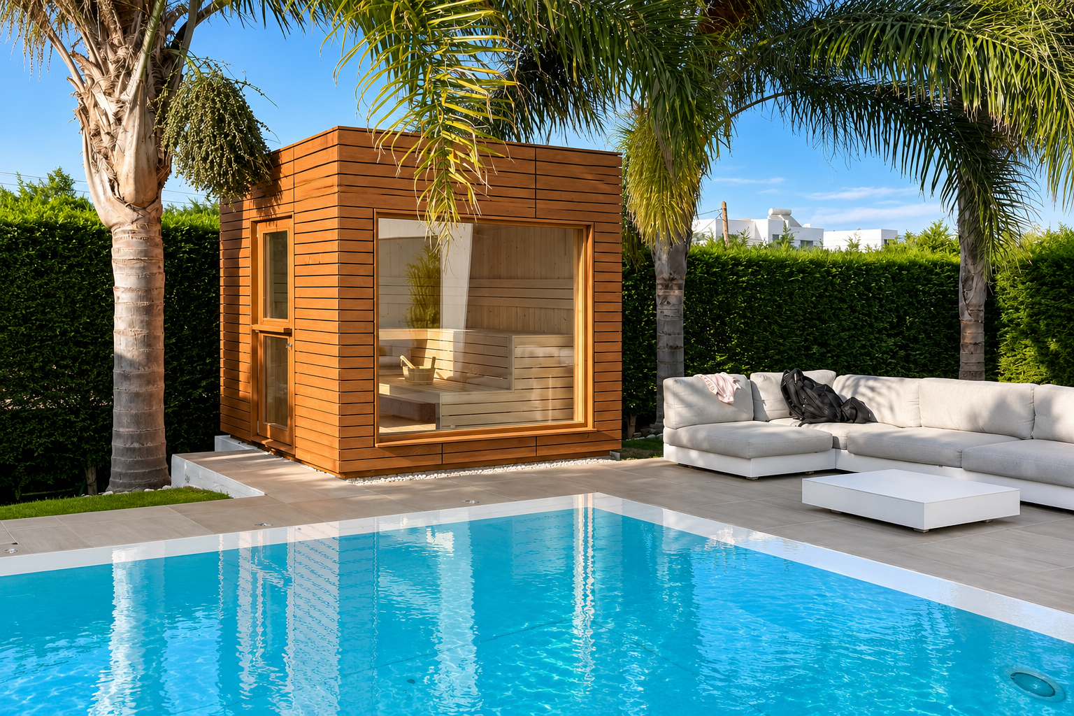 Sauna de exterior, no jardim junto à piscina