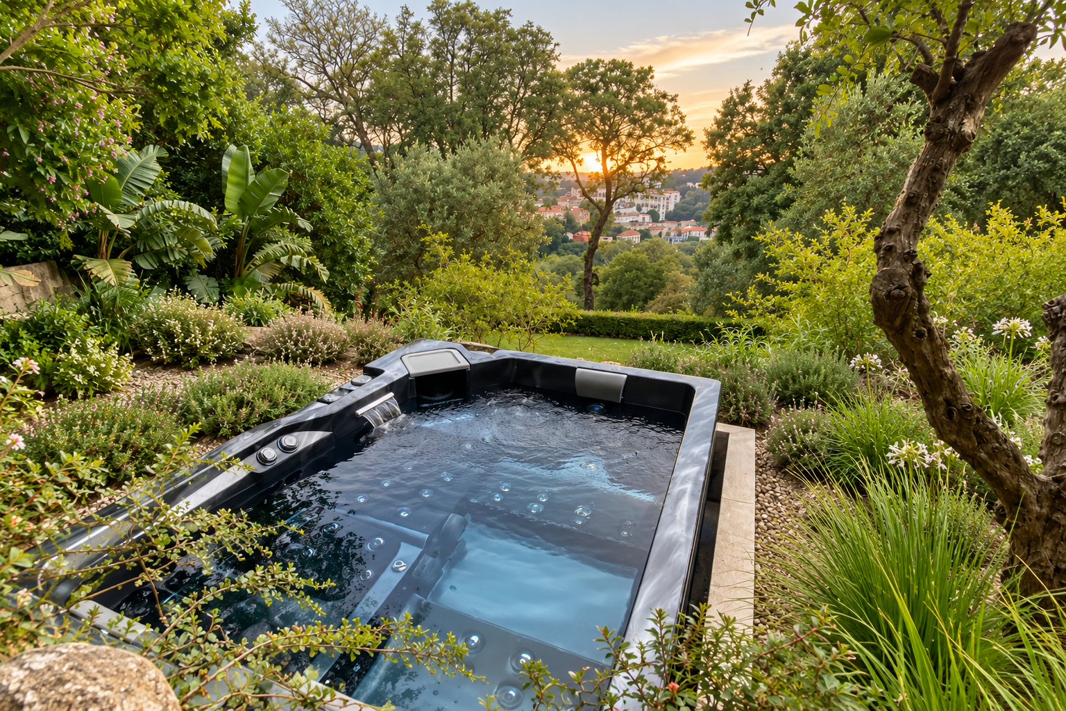 Spa OKA 2 instalada num jardim arborizado
